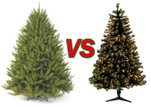Photo of a real Christmas tree versus a fake Christmas tree. Which is environmentally superior?