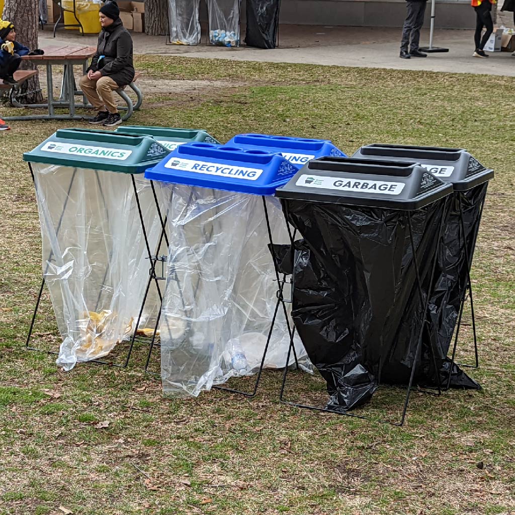 Photo of Green Event Ninjas' X-Frame garbage, recycling and organics trash bins for events.