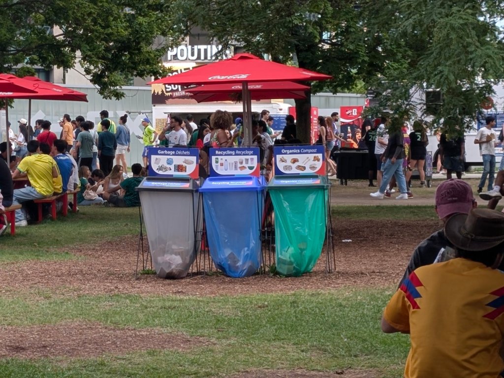Three-stream event bin station in use beside the food trucks at the Toronto FIFA Fan Festival 2026