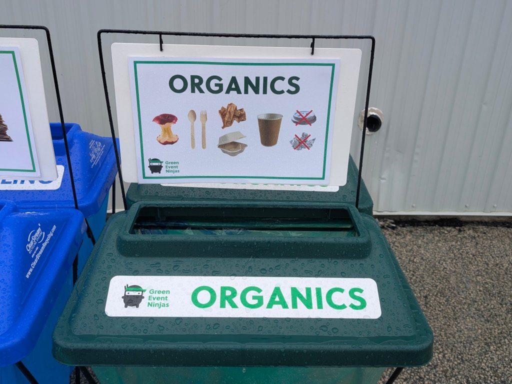 Green event organics bin lid with a Green Event Ninjas custom label and compost sign