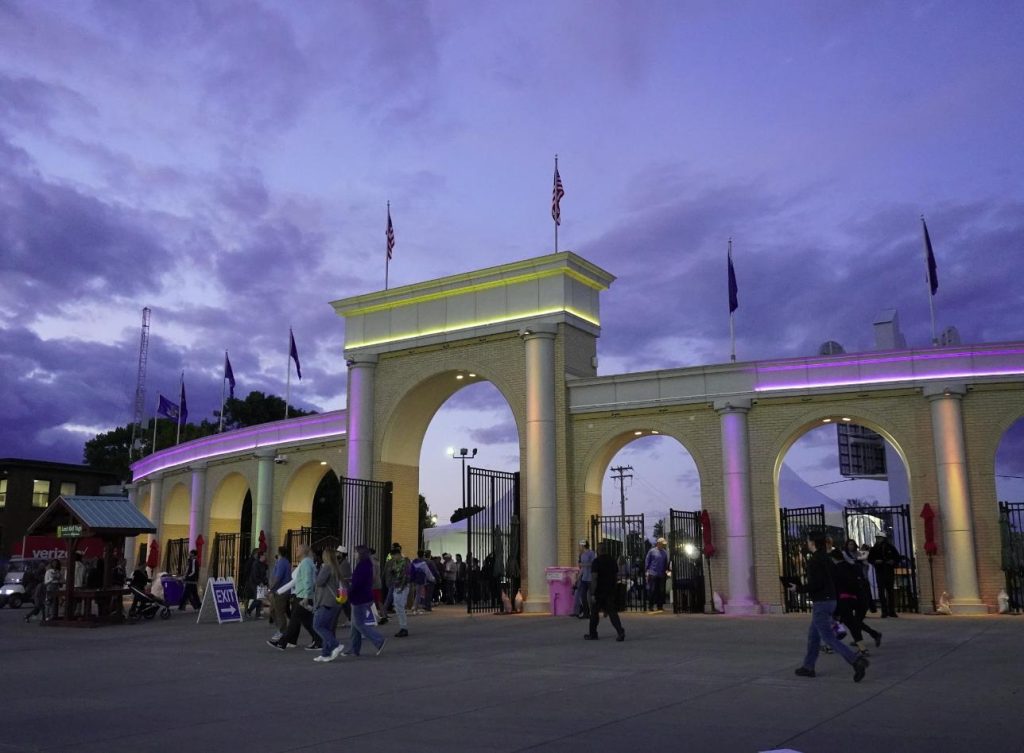 New York State Fair entrance at dusk before gates open