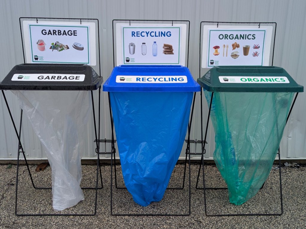 Set of three X-frame event bins for garbage, recycling and organics with lids and sign frames